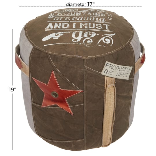 Brown Canvas and Leather Rustic Pouf, 19" x 17" x 17"